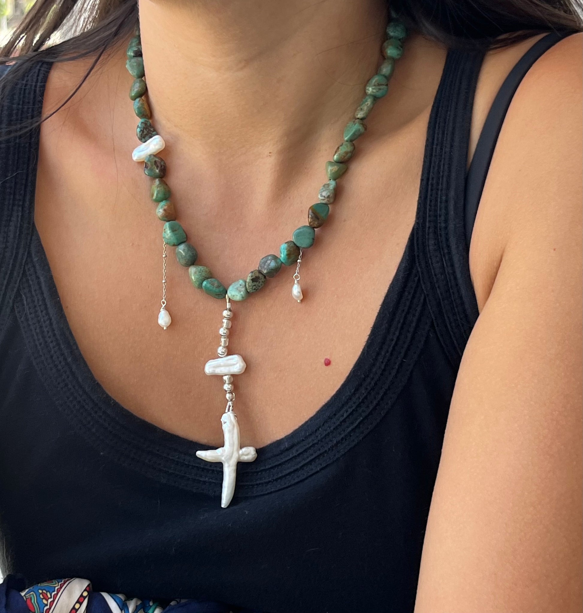 Tumbled western turquoise beads
freshwaters pearls , cross freshwater pearl
925 sterling silver chain and findings 
16 inches + 2 inch extension chain 
Chunky statement maximalist minimalist necklace 
Western boho beachy Navajo Indian inspired Wild West 