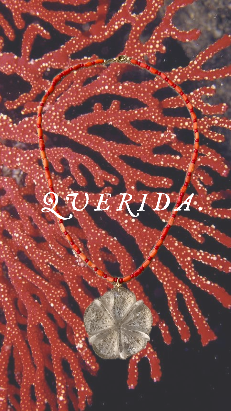 Peach Coral beads
red seed beads
crystal clear quartz flower pendant
14k gold filled findings 
Dainty chunky pendant maximalist minimalist necklace 
Beachy boho classy elegant Malibu west inspired 