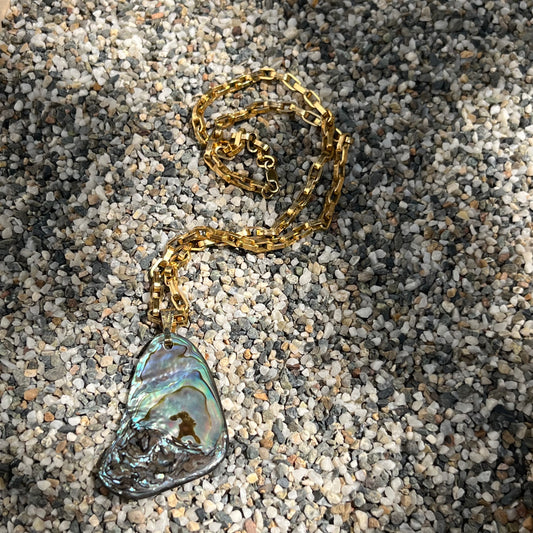 Statement vintage, second hand sourced abalone shell pendant necklace 14k gold filled chain Beachy bohemian minimalist and maximalist jewelry 