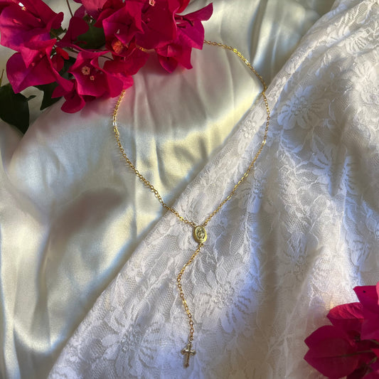 14k gold filled chain, pendants, and findings 
16 inch necklace and 5 inch drop chain 
Dainty Lariet style necklace
Latin Hispanic inspired rosary with a modern twist necklace Guadalupe holy blessing