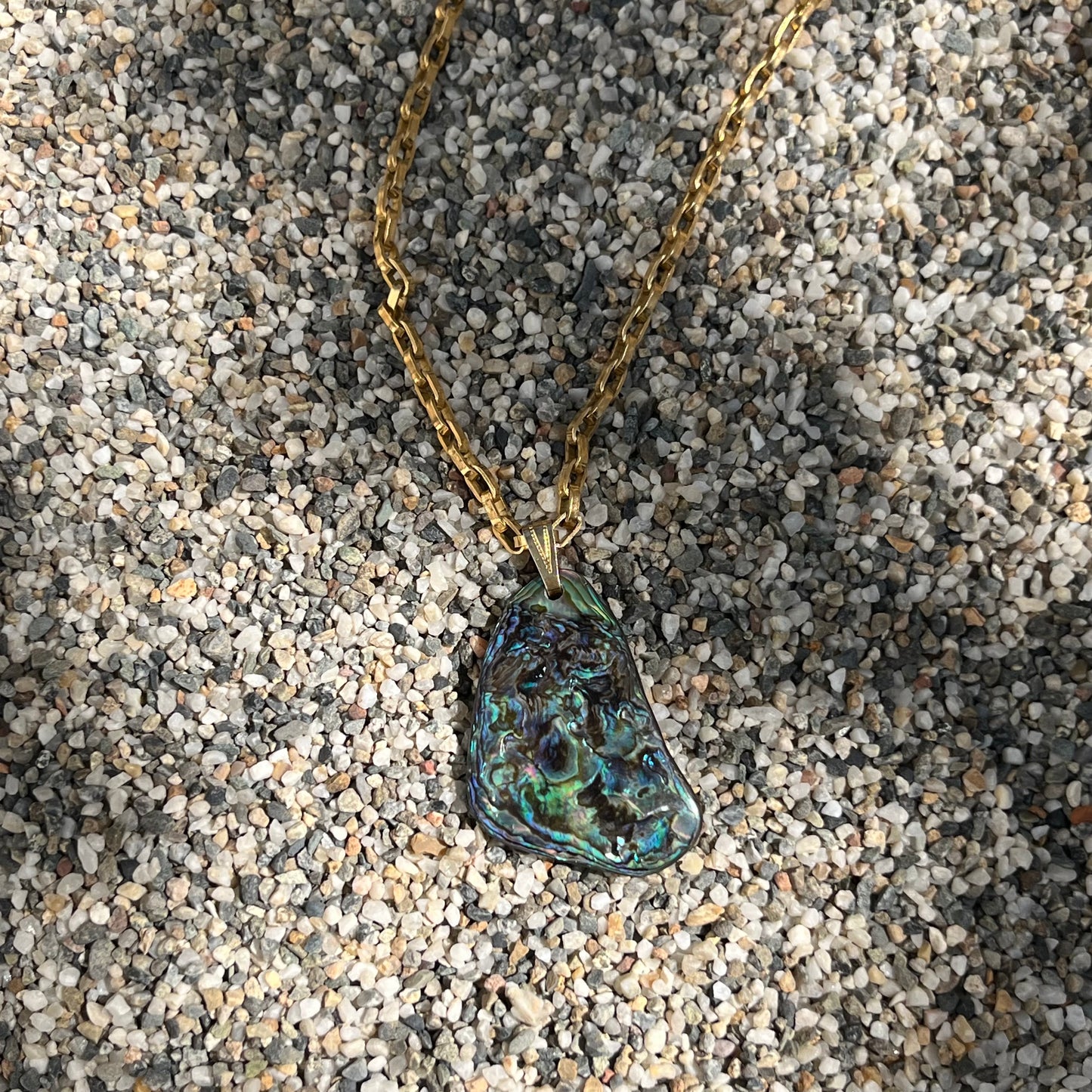 Statement vintage, second hand sourced abalone shell pendant necklace 14k gold filled chain Beachy bohemian minimalist and maximalist jewelry 