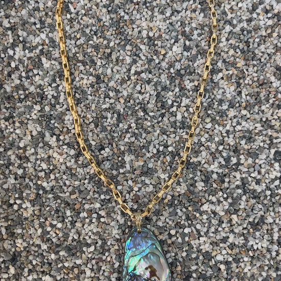 Statement vintage, second hand sourced abalone shell pendant necklace 14k gold filled chain Beachy bohemian minimalist and maximalist jewelry 