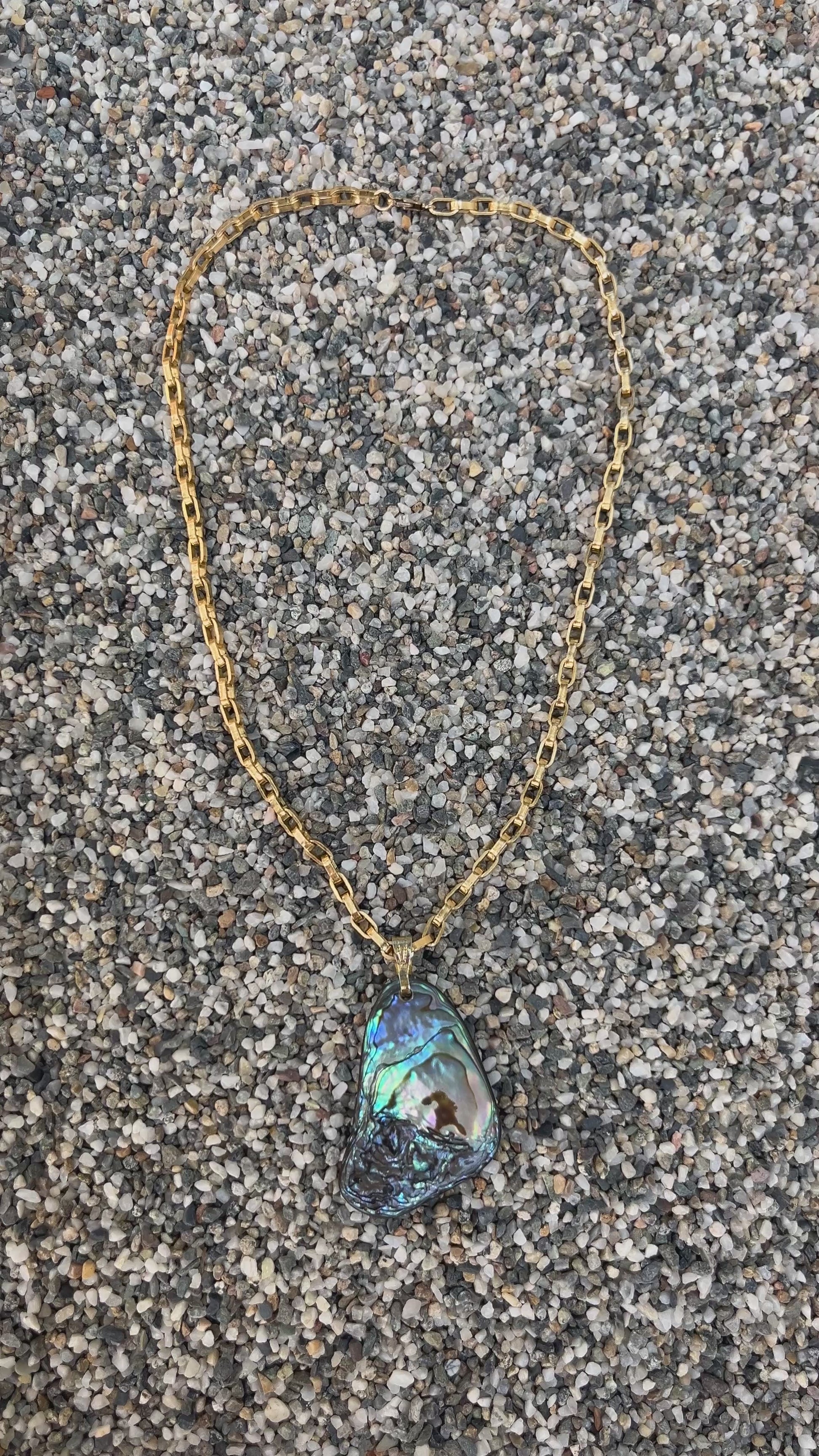 Statement vintage, second hand sourced abalone shell pendant necklace 14k gold filled chain Beachy bohemian minimalist and maximalist jewelry 