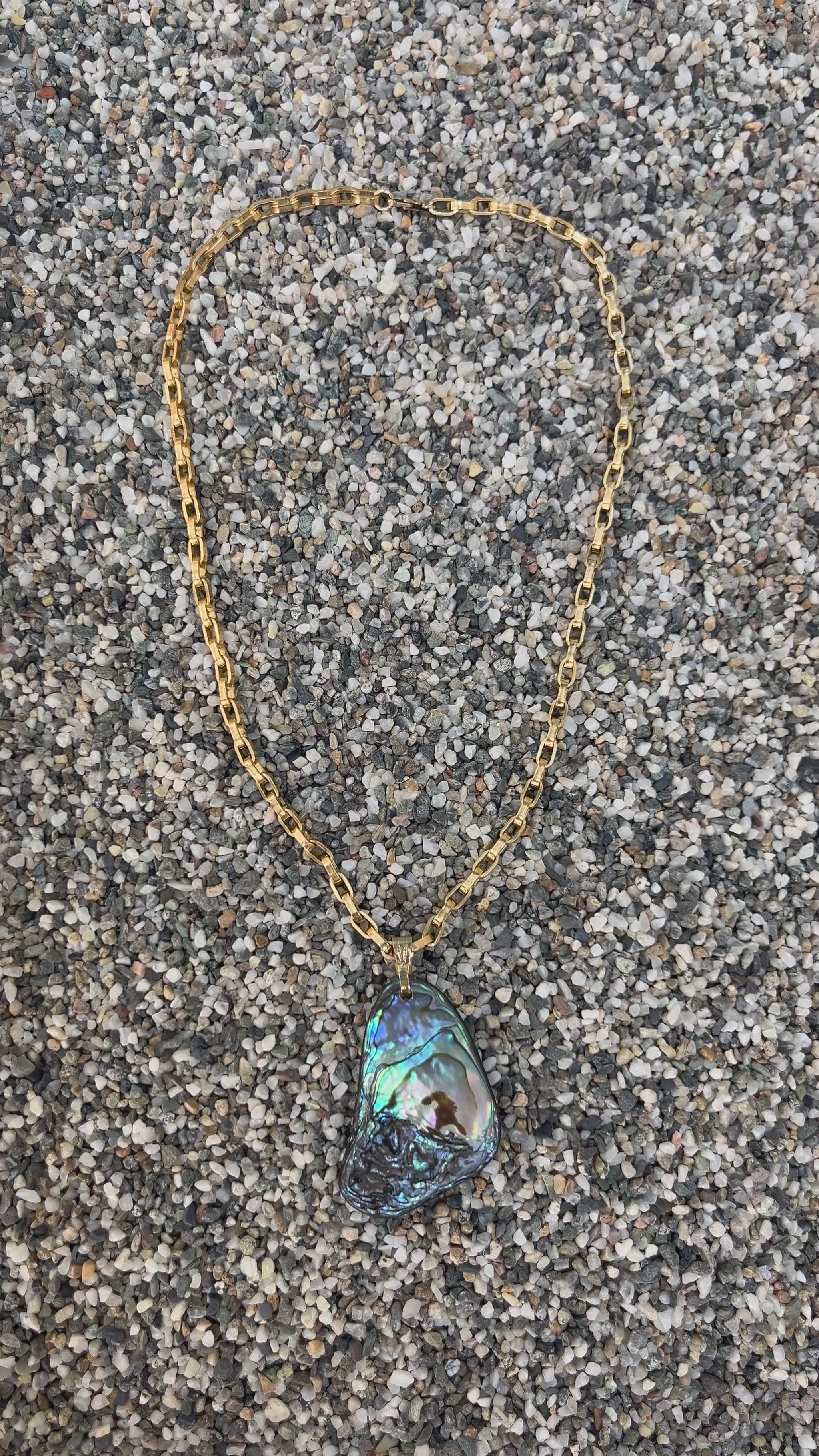Statement vintage, second hand sourced abalone shell pendant necklace 14k gold filled chain Beachy bohemian minimalist and maximalist jewelry 